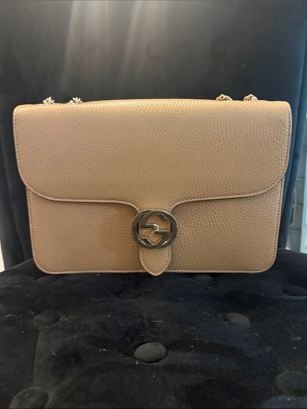 Gucci Tan Pebbled Leather Shoulder Bag with Interlocking G